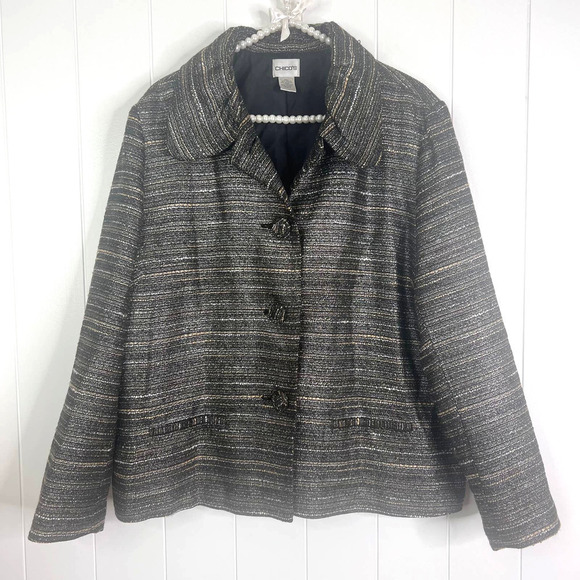 Chico's Black and Metallic 3 Button Blazer with Front Pockets SZ 3/XL - Picture 1 of 7